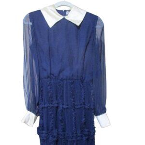 Vintage 60s 70s Union Tag Navy Blue Ruffle Chiffon Peter Pan Collar Midi Dress